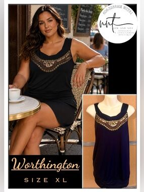 Worthington Womens XL Tank Top Black Beaded Sequin Bubble Hem Boho Chic NWOT